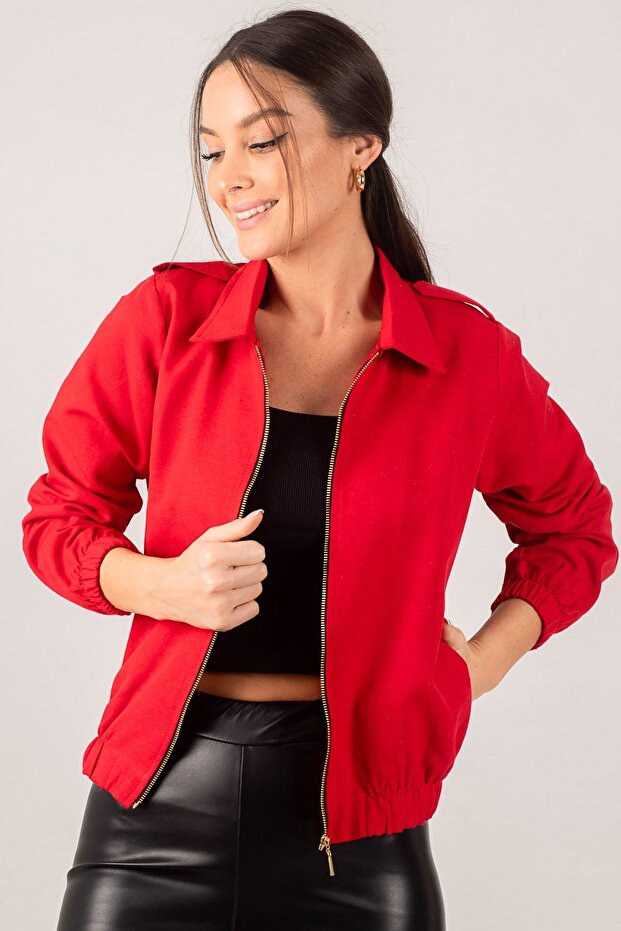 Women's Red Front Zippered Gabardine Coat ARM-22K001068