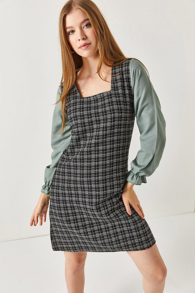 Women's Green Plaid Square Collar Long Sleeve Dress ARM-22Y001182