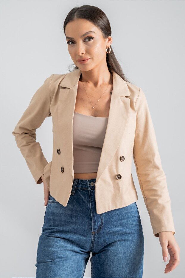 Women's Beige Double Breasted Collar Gabardine Crop Jacket ARM-24Y001010