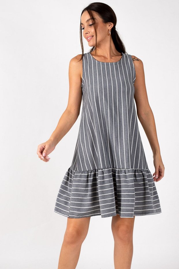 Women's Smoked Sleeveless Skirt Frilly Striped Dress ARM-19Y001101