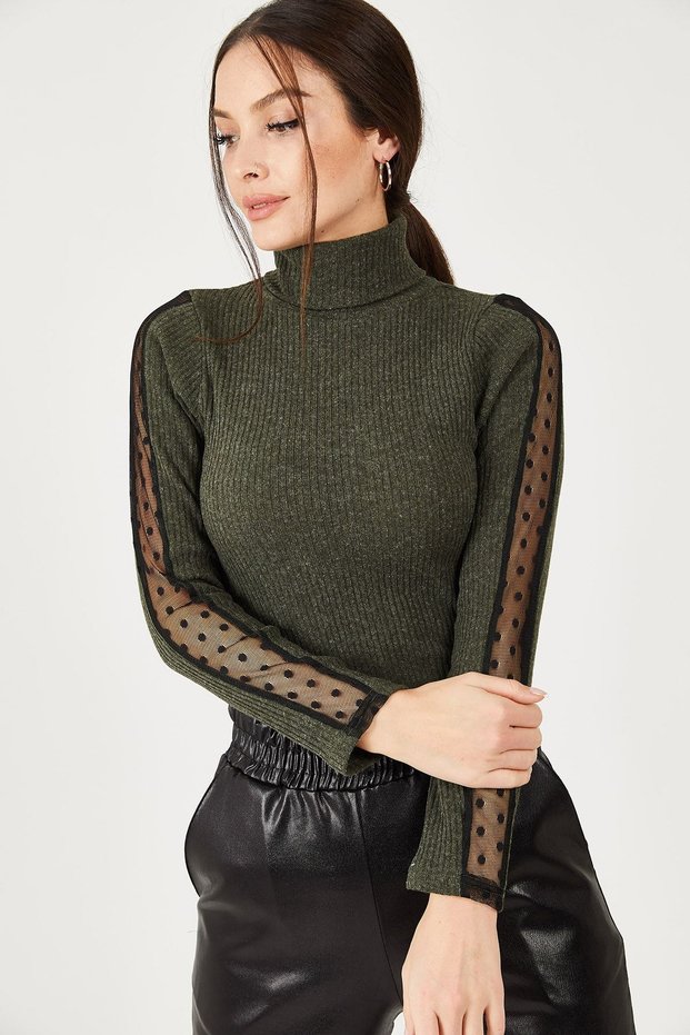 Women's Khaki Neck Sleeve Lace Detailed Knitwear Sweater ARM-21K001056