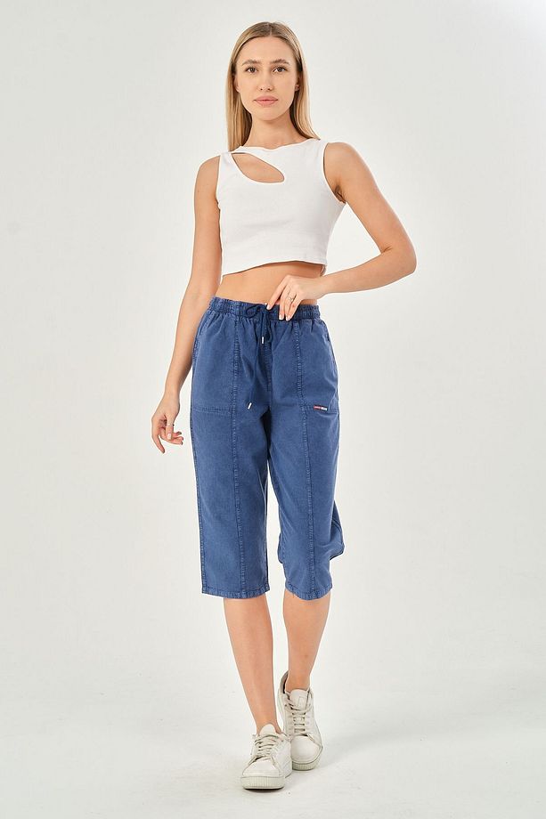Bağcıklı Oversize Uzun Unisex Bermuda Şort Ham Bez Pamuklu Keten Kapri Şort - 6