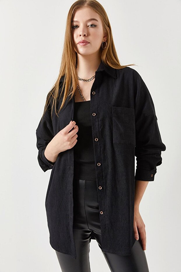 Kadın Siyah Cepli Oversize Kadife Uzun Basic Gömlek ARM-22Y001193 - 3