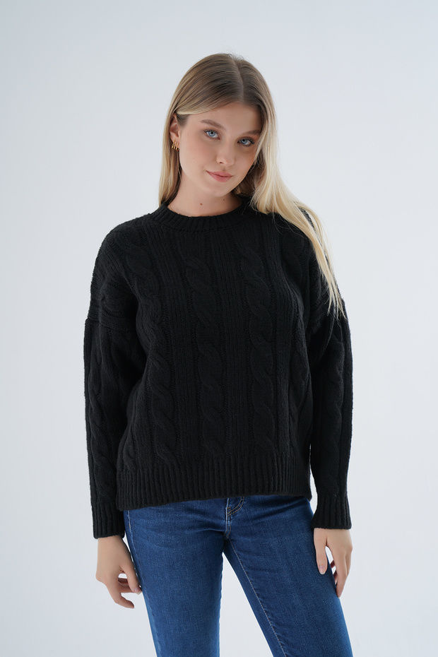 Women's Black Oversize Crew Neck Hair Braided Wool Special Yarn Knitwear Knitted Sweater Trist-6167