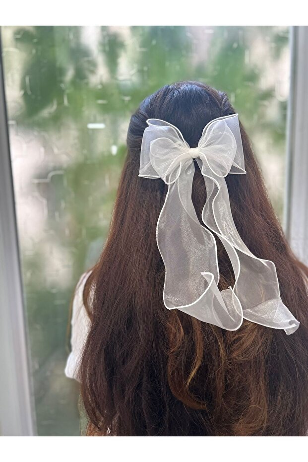MelKady 517 - Organza Ruffled Shiny Bow Luxury Automatic Hair Clip