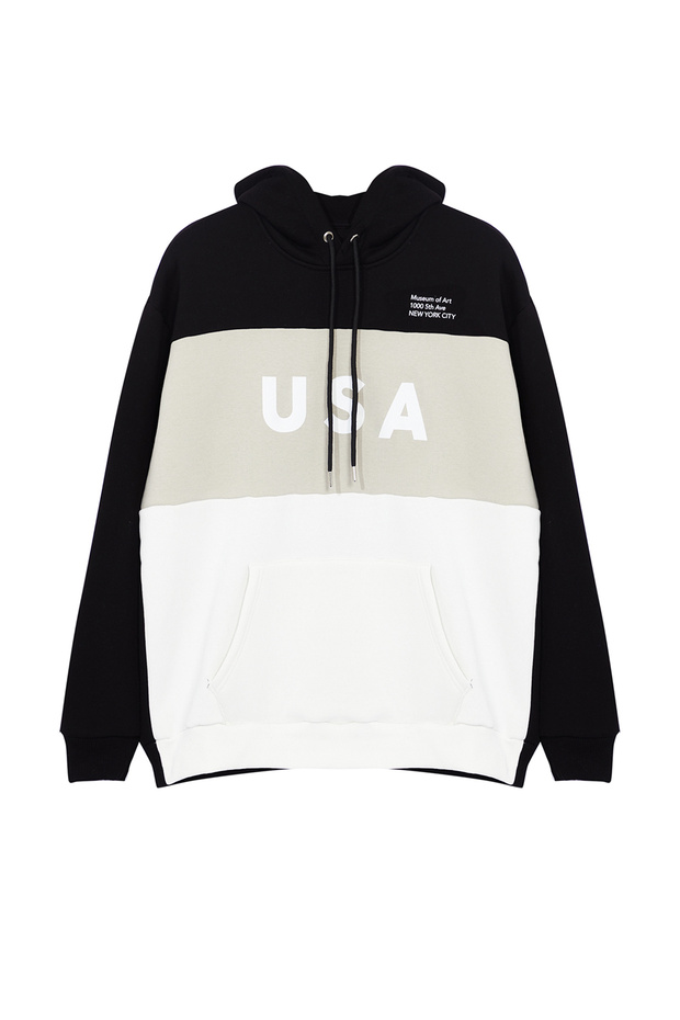Siyah Oversize/Geniş Kesim Renk Bloklu City Baskılı Kapüşonlu Şardonsuz Sweatshirt TMNAW25SW00045 - 10