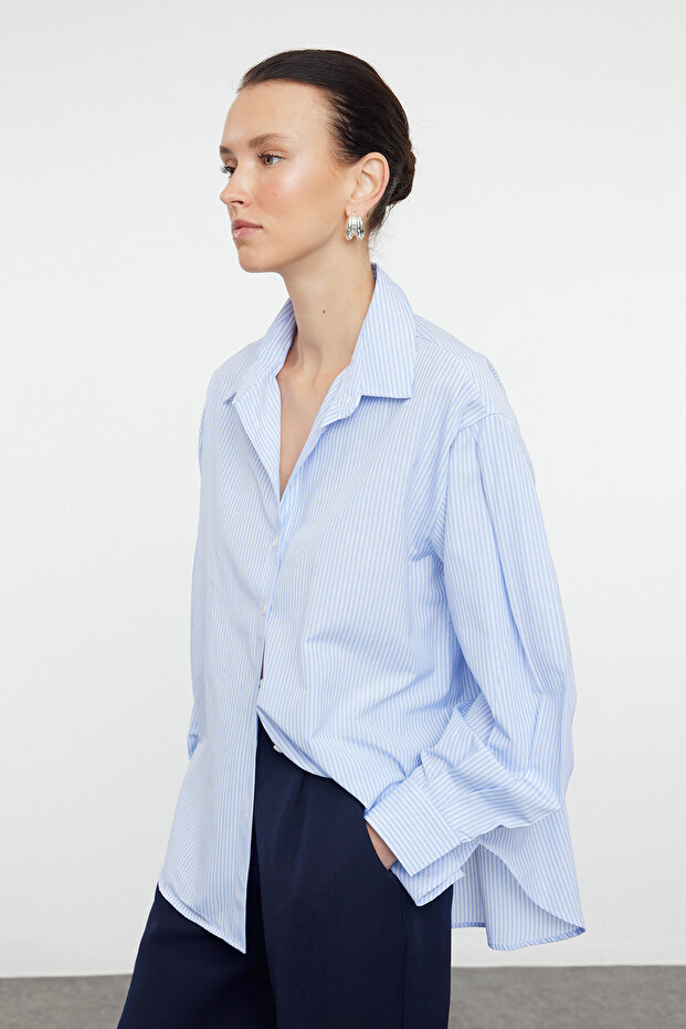 Mavi Çizgili Oversize/Geniş Kalıp Dokuma Gömlek TWOSS23GO00144 - 1