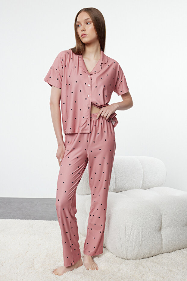 Gül Kurusu Kalpli Örme Pijama Takımı THMSS24PT00286 - 2