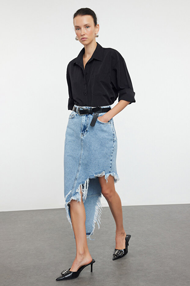 Blue Tasseled Asymmetrical Midi Denim Skirt TWOAW22ET0140