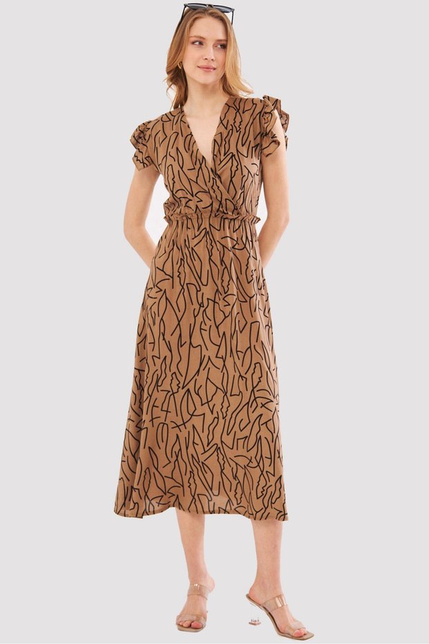 Women's Mink Miden Dress Double Breasted Collar Shoulder Ruffle Detailed Elastic Waist Midi Length ARM-24Y001020