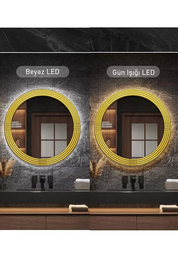 Led'li Işıklı Safir Ahşap Gold Dekoratif Ayna Yuvarlak Ayna Işlemeli Duvar Aynası Tekli - 69 Cm - 4