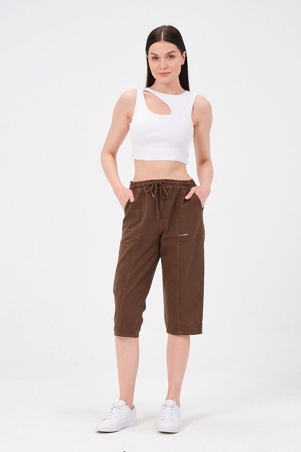 Bağcıklı Oversize Uzun Unisex Bermuda Şort Ham Bez Pamuklu Keten Kapri Şort - 4