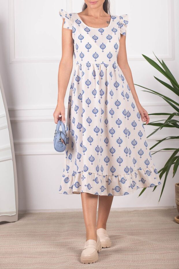 Women's Blue Sleeve Frilled Back Zippered Long Dress ARM-23Y001114