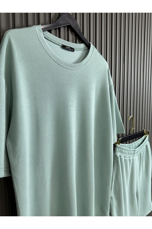 Erkek Mint Yeşil Fitilli Kumaş Tshirt Şort Takım - 2