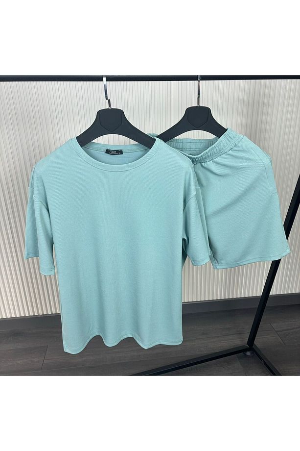 Erkek Mint Yeşil Fitilli Kumaş Tshirt Şort Takım - 4