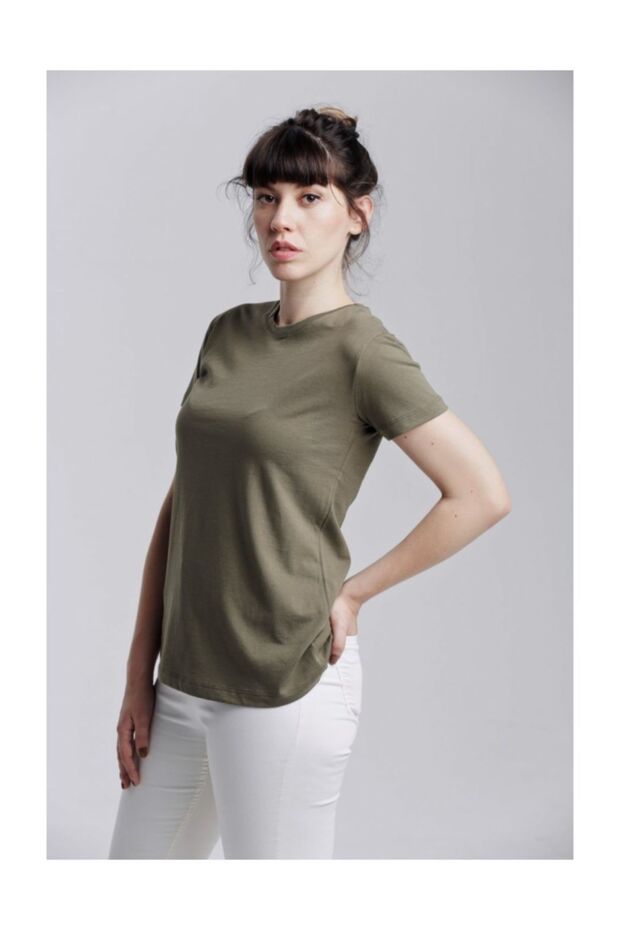 Klasik Bisiklet Yaka Basic T-shırt Haki - 2