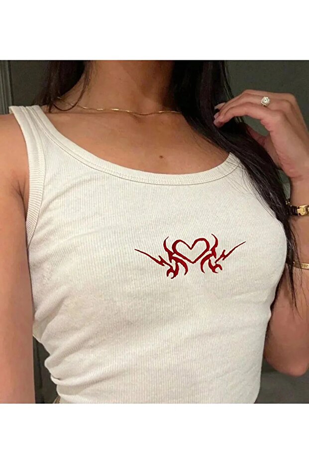 Gothic Heart Embroidered Sleeveless Halter Neck Black Tank Top Crop