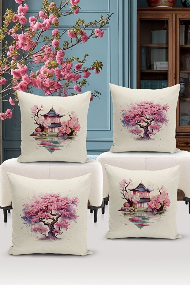 Flower/Vintage Series Double Sided Digital Printed 4-Piece Throw Pillow Case Set (Cushion Cover Set)