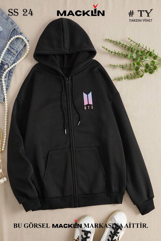 Women's Hooded BTS Logo Printed Zippered Sweatshirt Fleece Jacket