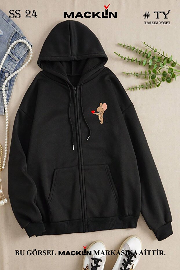 Women's Hooded Floral Tom and Jerry Dear Special Design Printed Zipper Sweatshirt Fleece Jacket