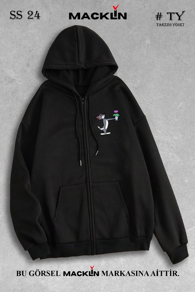Unisex Women Men Hooded Floral Tom and Jerry Lover Printed Zipper Sweatshirt Fleece Jacket