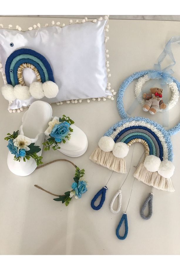 Makrome Bebek Kapısüsü Takı Yastığı Loğusa Terliği Loğusa Tacı 4’lü Set - 1