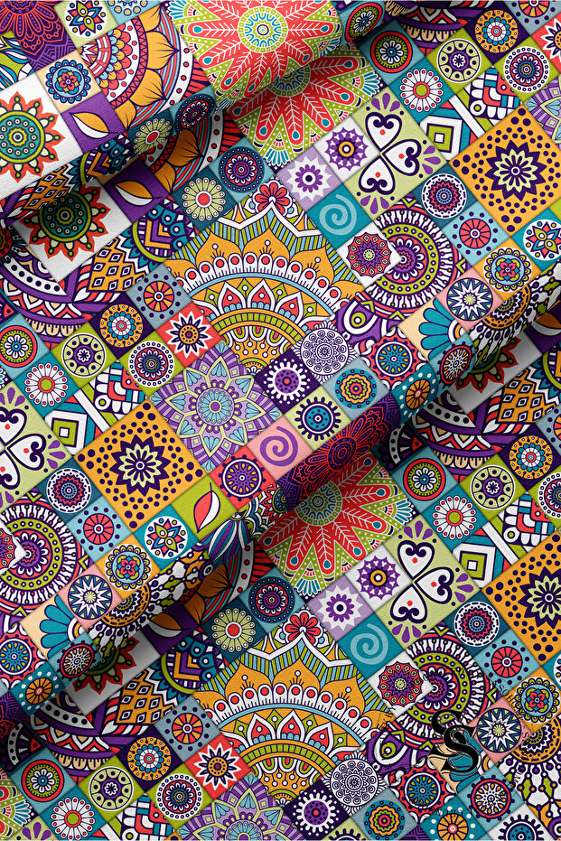 Patchwork Mandala Desenli Dijital Baskılı Runner - 6