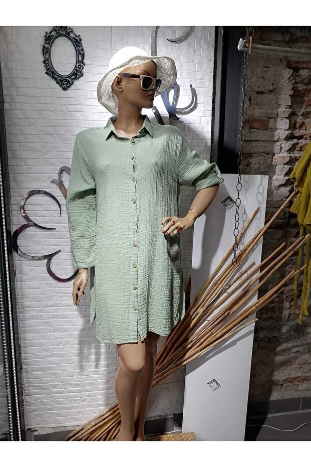 Muslin Cotton Long-sleeved, Buttoned Slit Shirt Tunic Dress