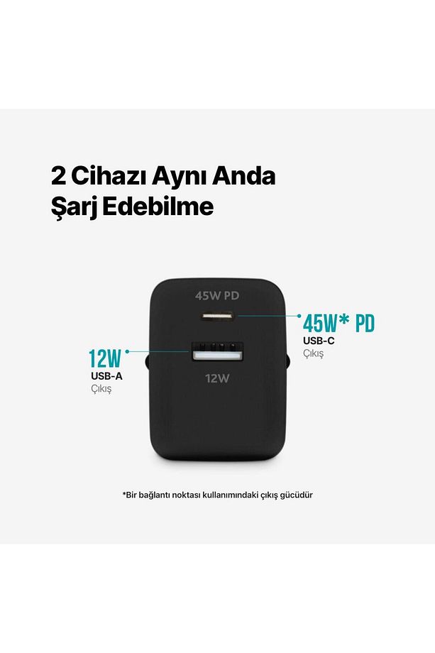 Polham Pd 45w 1x Type C Ve 1x Usb Girişli Şarj Adaptörü, Akım Ve Isı Korumalı Süper Hızlı Başlı - 3