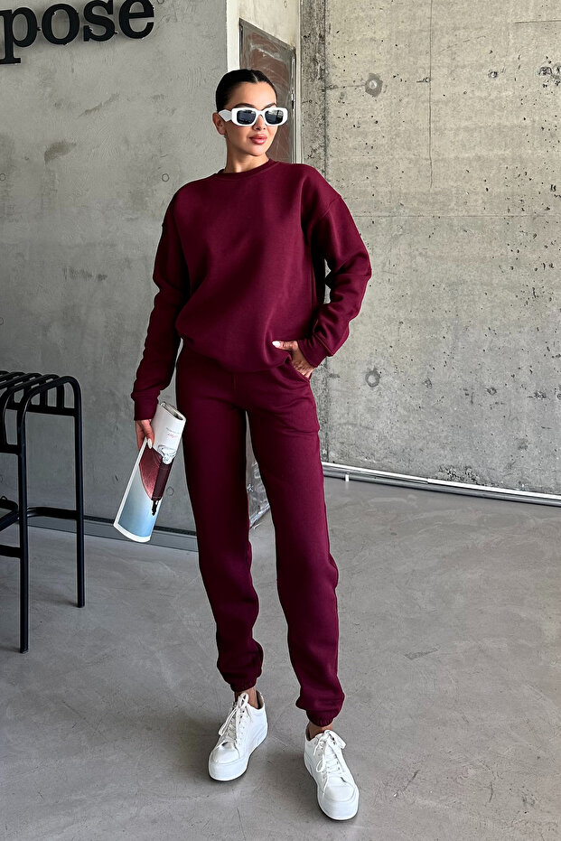 Unisex burgundy crew neck plain oversize top and bottom tracksuit set