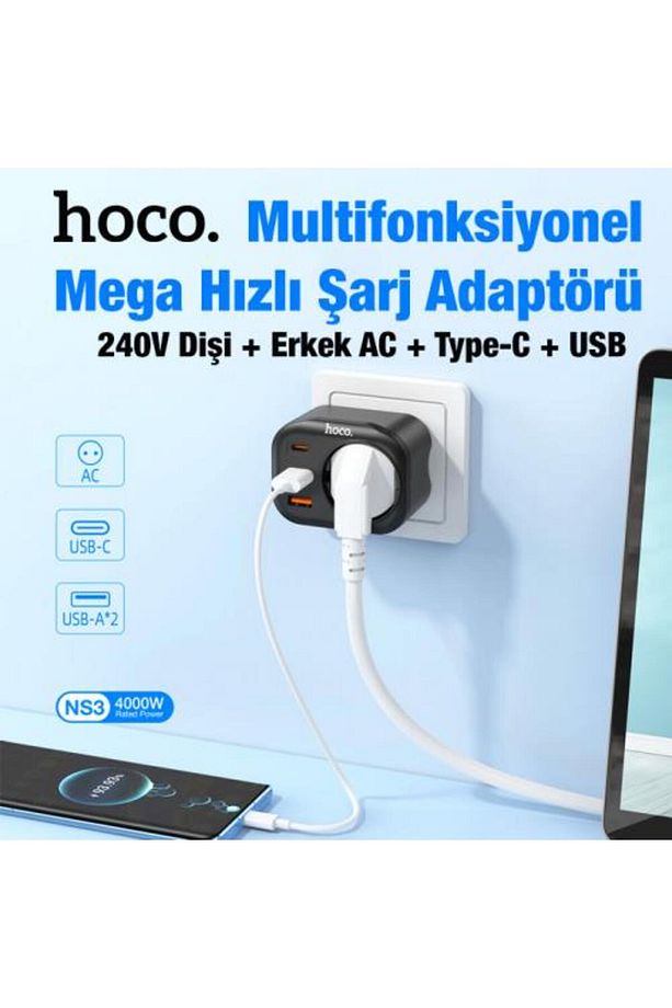 Super Şarj 240v Şarj Başlıklı Priz Type-c 2 Usb Girişli Şarj Prizi Akım Korumalı 4000w Fiş - 4