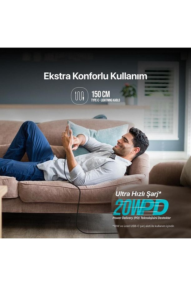 20w 1.5 Metre Type C To Iphone Lightning Şarj Ve Data Kablosu, Örgü Halat Tipi 20w Lightning Ka - 3