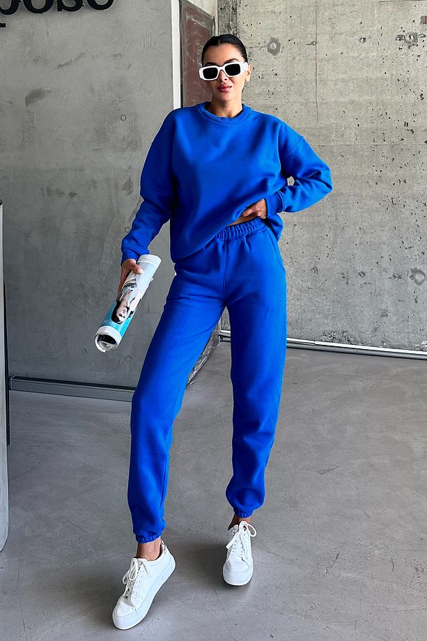 Unisex Sax Mavi Bisiklet Yaka Düz Oversize Alt-Üst Eşofman Takımı - 6