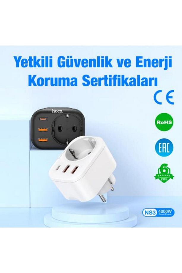 Super Şarj 240v Şarj Başlıklı Priz Type-c 2 Usb Girişli Şarj Prizi Akım Korumalı 4000w Fiş - 6