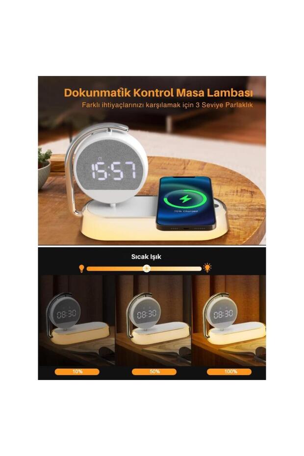 3in1 240mah 15w Kablosuz Şarj Ayarlanabilir Led Gece Lambası Masaüstü Dönebilen Çalar Saat - 3