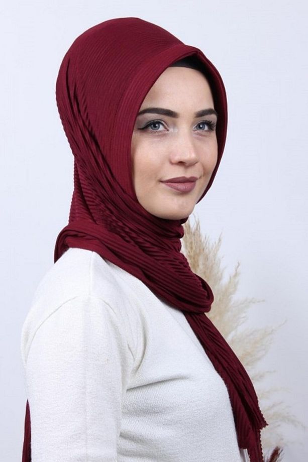 Pliseli Hijab Pratik Hazır Şal Bordo - 1