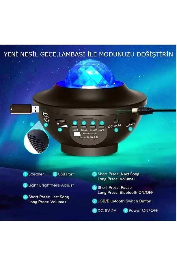 Projektör Bluetooth Hoparlör Disko Parti Gece Lambası Tavan Aydınlatıcı Doğum Günü Sevgiliye Hediye - 8