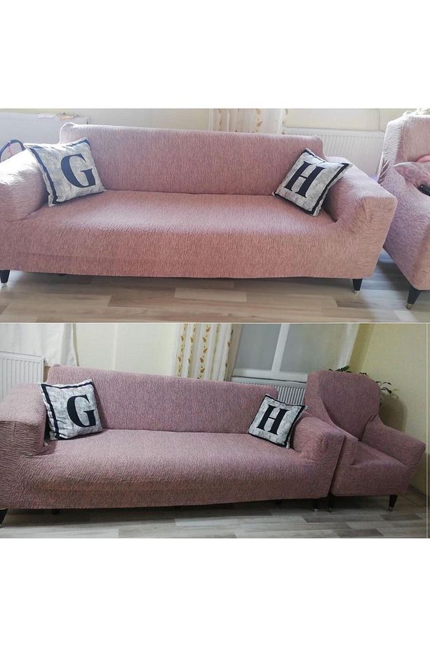 Jakarlı Düz Desen 3 3 1 1 Lastikli Koltuk Örtüsü Takımı Kanepe Çekyat Örtüsü Koltuk Kılıfı Pembe - 3