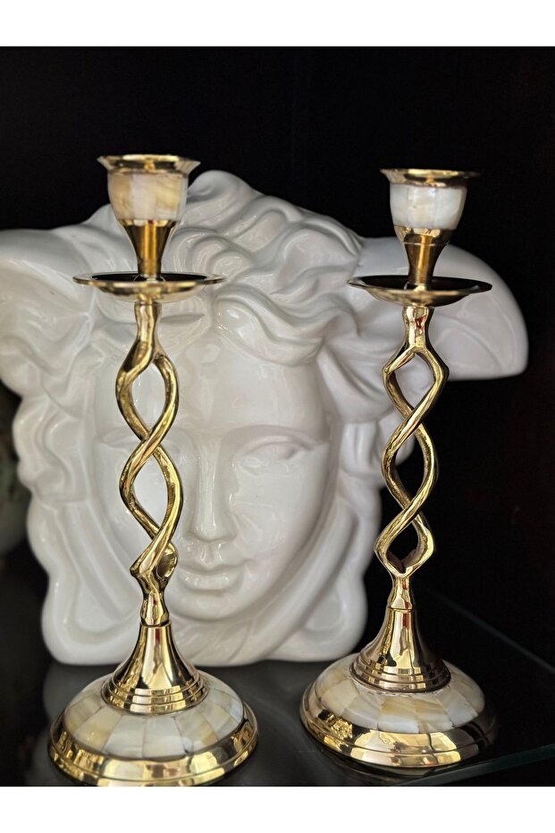 2’li Sedefli Pirinç Şamdan 21cm - 2