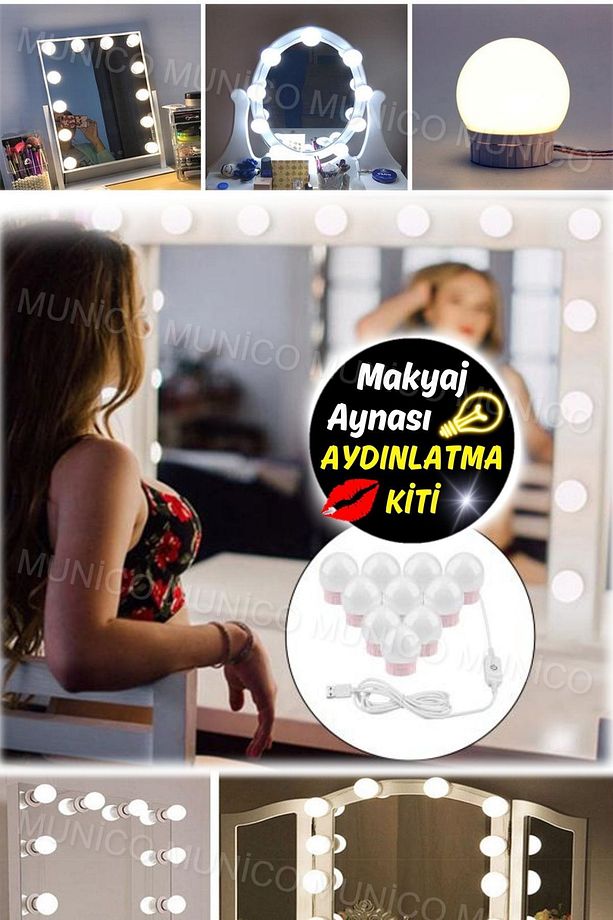 360° Dönebilen LED Makyaj Aynası - 10 Adet Yapışkanlı Ampul ile Eksiksiz Aydınlatma Masa Üstü Makyaj - 6