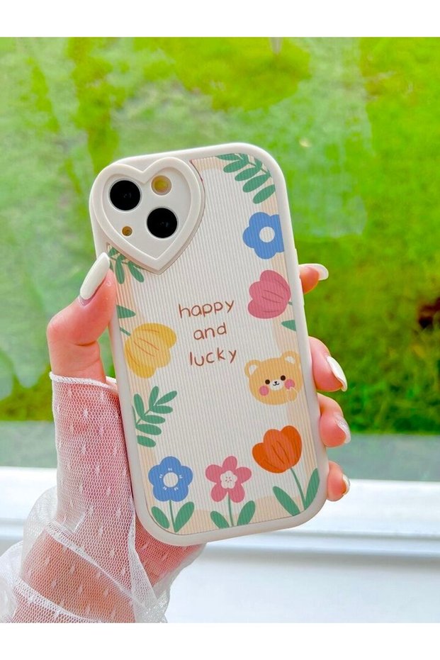 iPhone 13 Heart Detail Flower and Teddy Bear Patterned Ecru Case