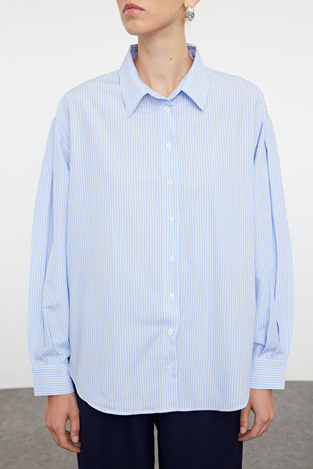 Mavi Çizgili Oversize/Geniş Kalıp Dokuma Gömlek TWOSS23GO00144 - 4