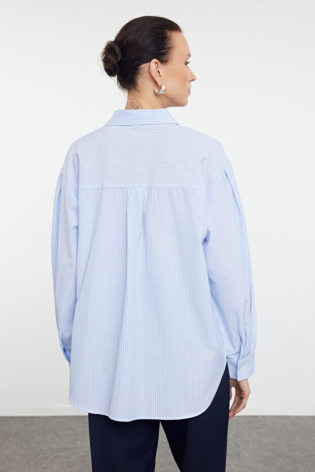 Mavi Çizgili Oversize/Geniş Kalıp Dokuma Gömlek TWOSS23GO00144 - 5