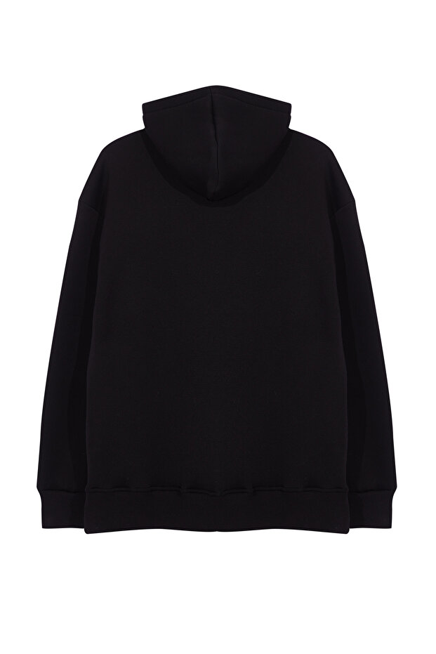 Siyah Oversize/Geniş Kesim Fermuarlı Kapüşonlu İçi Polarlı Basic Sweatshirt TMNAW25SW00050 - 7
