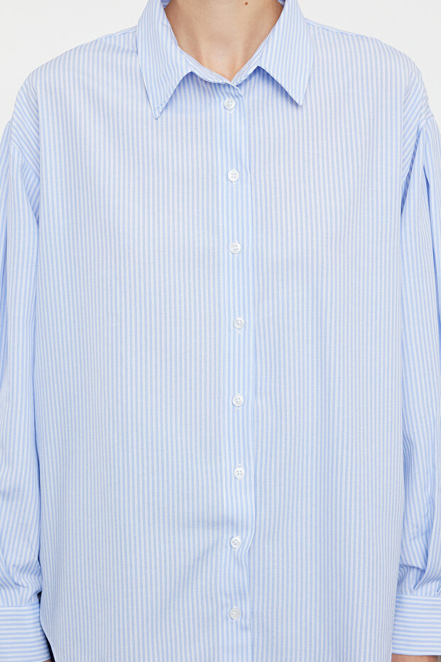 Mavi Çizgili Oversize/Geniş Kalıp Dokuma Gömlek TWOSS23GO00144 - 3
