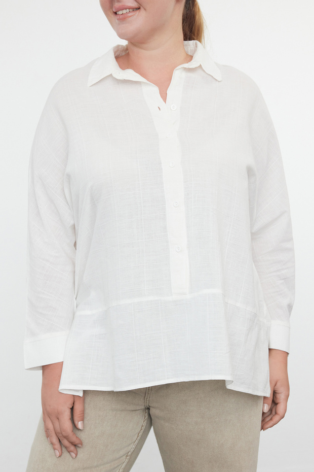 Koszula damska w stylu lnianym, oversize, tkana, kolor ecru TEDAW25AX00000 - 1