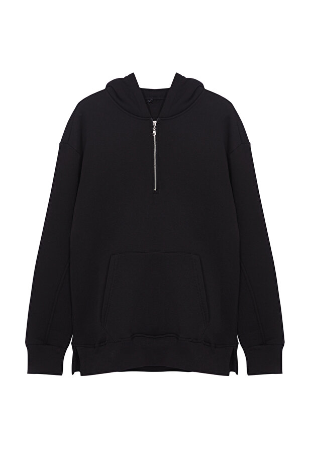 Siyah Oversize/Geniş Kesim Fermuarlı Kapüşonlu İçi Polarlı Basic Sweatshirt TMNAW25SW00050 - 6