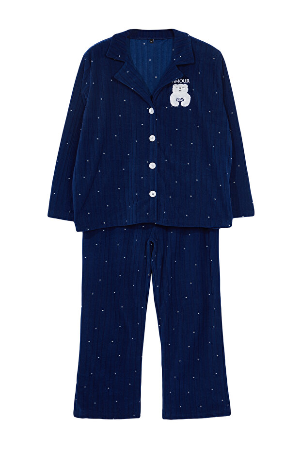 Lacivert Puantiyeli Gömlek Yaka Örme Pijama Takımı TBBAW25AI00035 - 2
