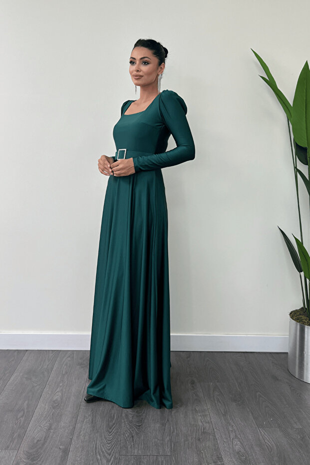 Imported Crepe Satin Fabric Square Collar Kiloş Dress - Emerald Green