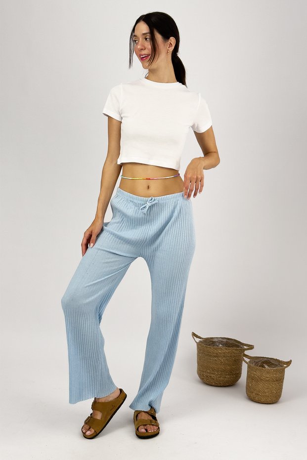 Women's Corduroy Striped Combed Cotton Pajama Bottoms Tracksuit Baby Blue